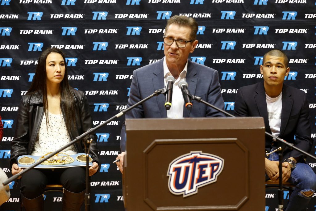 Top Rank Boxing, invades the Don Haskins Center in El Paso, Texas once again on February 17 as Lightweight Jose Felix (r) of Los Mochis, Mexico, shown here with his manager, will be fighting Peru’s Jonathon Maicelo, in a 10-round bout. The card will feature IBF World Featherweight Champion Jennifer Han of El Paso against challenger and former World Champion, Olivia Gerula of Winnepeg, Canada.